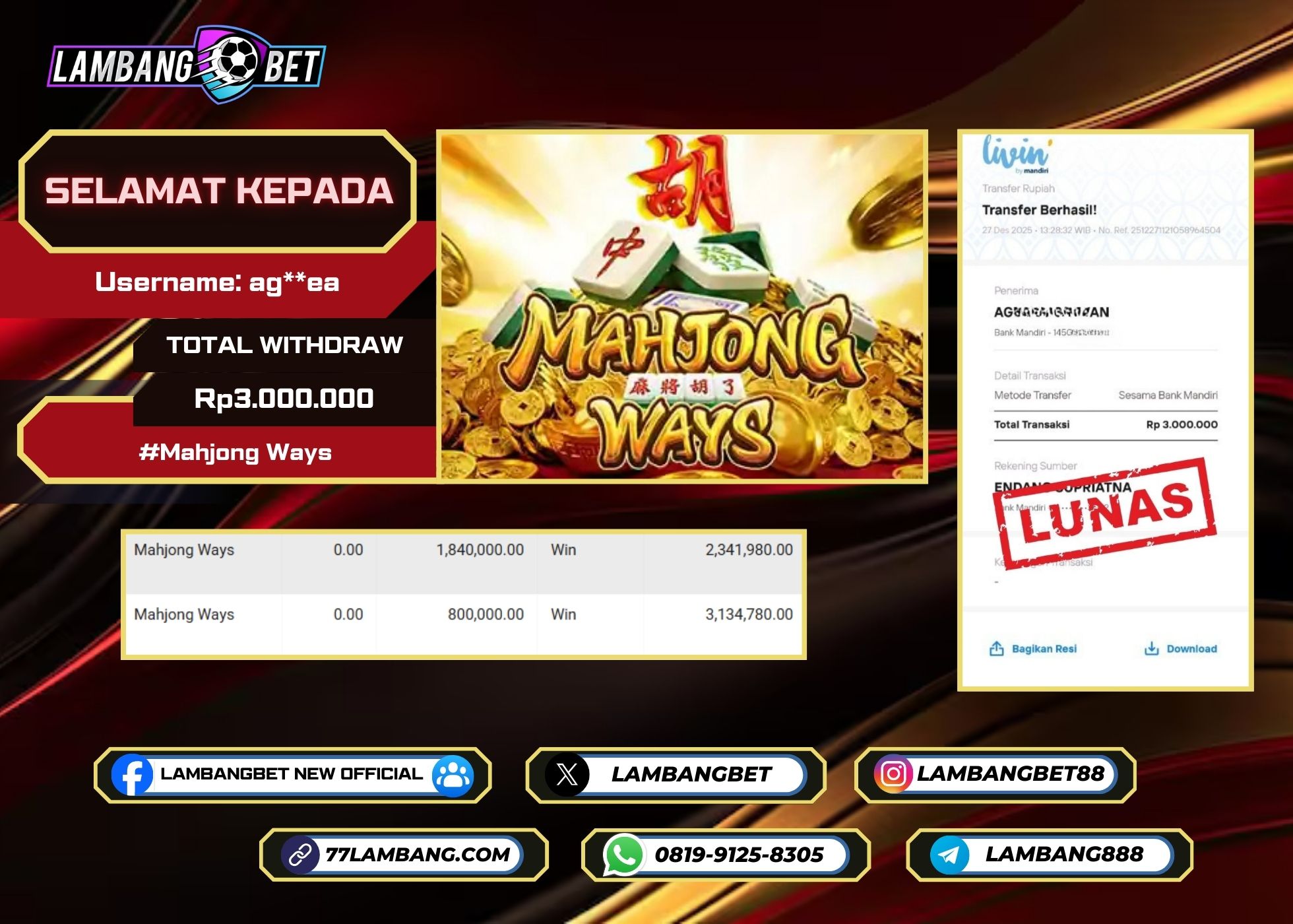 LAMBANGBET [27 DESEMBER 2025] JACKPOT SLOT Mahjong Ways "Rp3.000.000" LUNAS